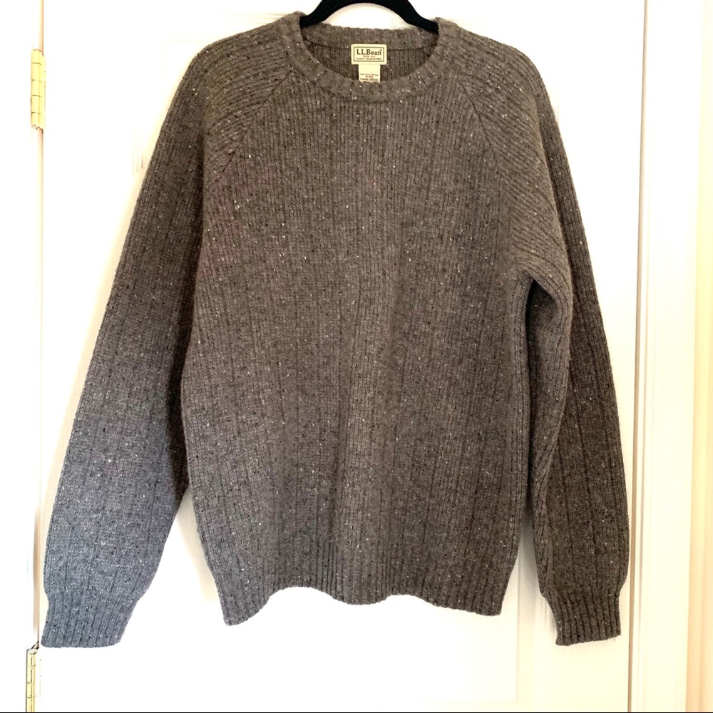 L. L. Bean Gray 100% Wool Sweater Elbow Patches
